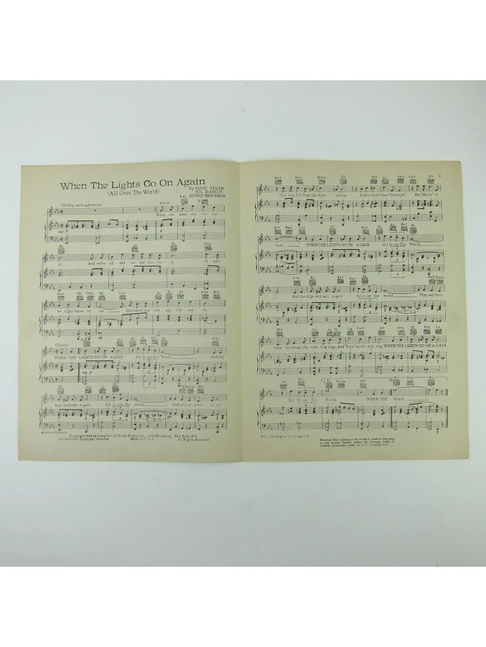 Sheet Music When the Lights Go on Again All Over the World Vintage 1942 WW2 WWII